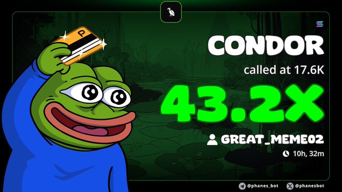 A cartoon frog named Condor holds a green credit card in his right hand, while looking into the camera with an expressive face. The backdrop of this scene is dark grey, giving a somewhat mysterious atmosphere. In the upper part of the screen, there's text that reads "43x increase from my call #condor Ca>> BQnsQ7LrcKVUqB33cqkVmbN1GNvqCCVYqGLLG5fLpump #solana #degen #memecoin". This phrase is about how much the post has increased in value compared to when it was first shared. The overall image seems to be a lighthearted, humorous take on financial matters and online content sharing.