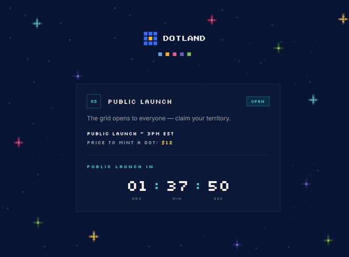 A website for "DOTLAND" featuring a Public Launch announcement with a countdown timer showing 01:37:50, scheduled for 3PM EST at a mint price of $12.