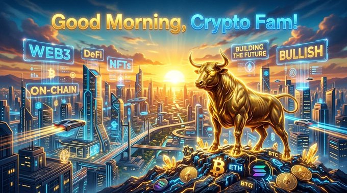 AI-generated 'Good Morning, Crypto Fam!' graphic featuring a golden bull statue atop a city skyline with crypto-themed text including WEB3, DeFi, NFTs, ON-CHAIN, BUILDING THE FUTURE, and BULLISH, along with BTC, ETH, and SOL coin icons.