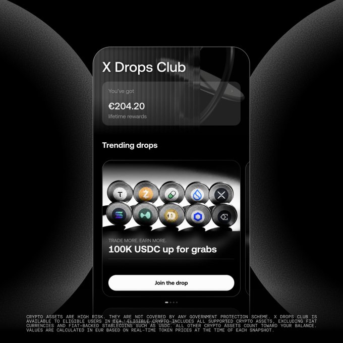 Screenshot of an 'X Drops Club' app interface showing €204.20 in lifetime rewards and a '100K USDC up for grabs' promotion with various cryptocurrency token icons.