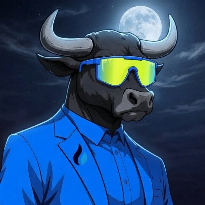An anthropomorphic black bull wears reflective green-yellow visor sunglasses and a blue blazer with a flame/teal pin, set against a night sky with a glowing full moon behind its horns—matching the "gm bulls" post by depicting a confident, stalwart bull symbolizing bullish strength and resilience.