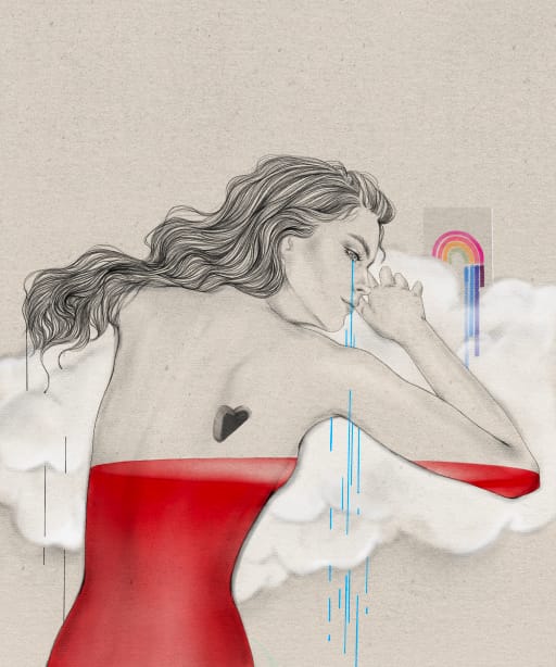 A mixed-media illustration of a woman with flowing hair wearing a red strapless dress, depicted in pencil with red accents, crying blue tears into clouds.