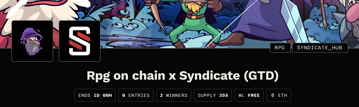 The image displays a giveaway banner titled "Rpg on chain x Syndicate (GTD)" featuring cartoon art with 0 entries, 2 winners, and a supply of 355, ending in 1 day. It relates to the post by announcing the active "Rpg on chain x Syndicate (GTD)" raffle where members have a chance to win one of 2 spots.
