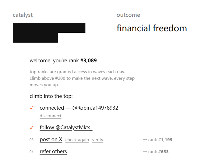 A Catalyst Markets (CatalystMkts) waitlist page showing rank #3,089 for "financial freedom," with completed social tasks (connecting @RobinJa14978932 and following @CatalystMkts) and pending steps to climb to rank #1,199 (post on X) or #653 (refer others), aligning with the post's description of the project's simple onboarding tasks driving viral engagement—possibly amplified by Base founder Jesse Pollak's interaction.