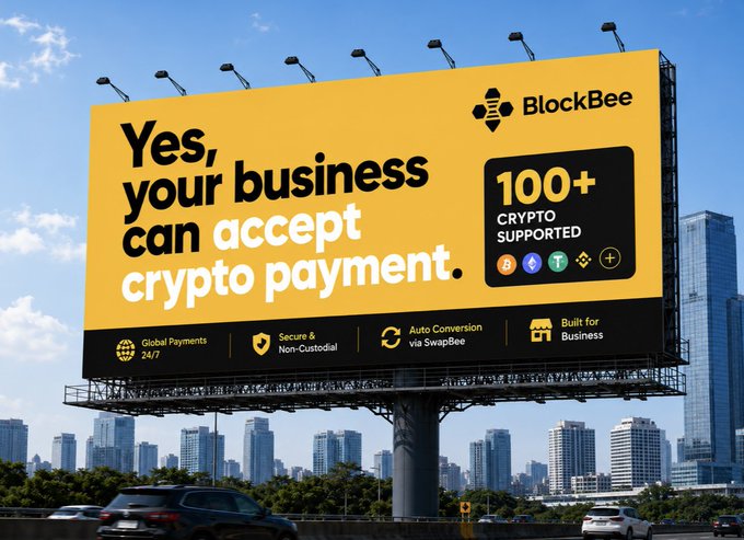 Billboard advertisement for BlockBee reading 'Yes, your business can accept crypto payment' with '100+ Crypto Supported' and featuring icons for Bitcoin, Ethereum, Tether, BNB, and others.