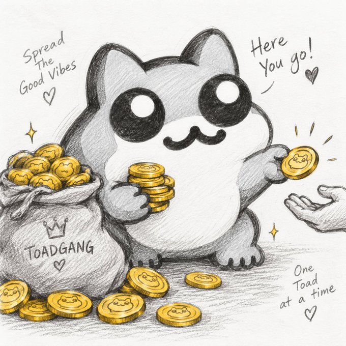 A hand-drawn illustration of a gray cat giving away gold coins from a sack labeled "TOADGANG," with text reading "Spread The Good Vibes," "Here you go!," and "One Toad at a time."