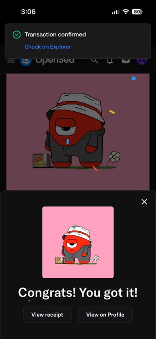 A mobile screenshot showing a transaction confirmation on Opensea for a red cartoon NFT character wearing a bucket hat, with the message 'Congrats! You got it!'