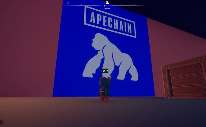 A character named 'Balt' stands in a virtual environment facing a large blue wall displaying the 'APECHAIN' logo with a gorilla silhouette.