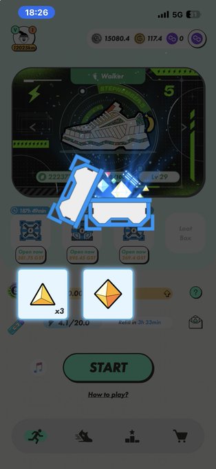 A mobile game screenshot from a walking/running app (likely Walker) showing a sneaker character, in-game currency, and a highlighted low-top sneaker reward at Level 29 with a 'START' button.