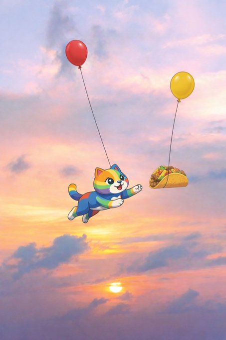 A whimsical scene of a rainbow-colored cat floating through a sunset sky, holding onto a red balloon in one paw and reaching for a floating taco suspended from a yellow balloon.