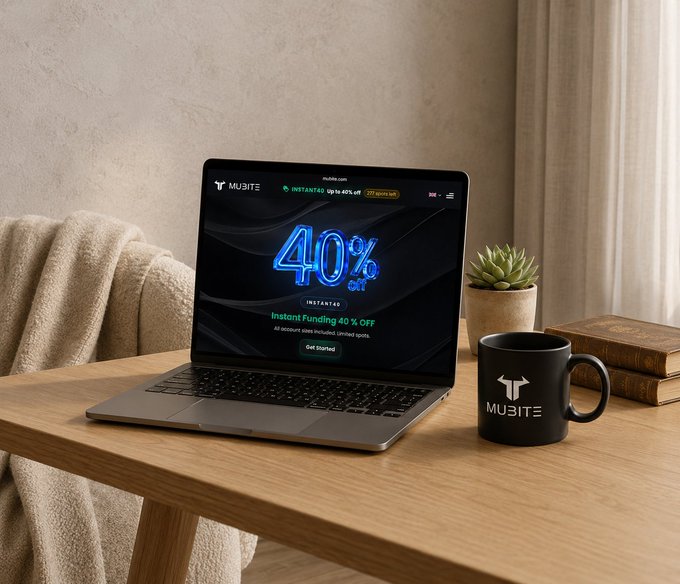 A lifestyle product mockup showing an open laptop and branded 'MUBITE' mug on a wooden table, with the laptop screen displaying a 40% off instant funding promotion.