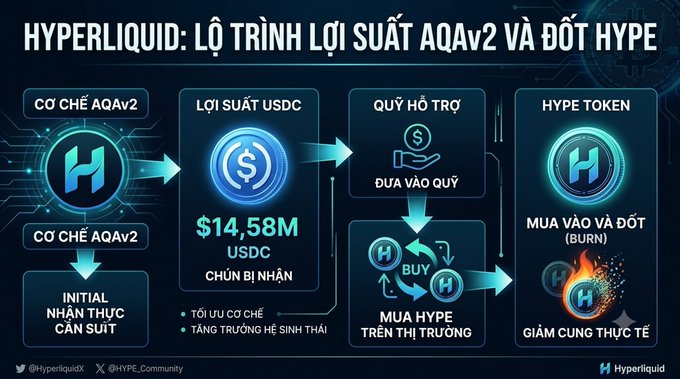 An infographic titled "HYPERLIQUID: LỘ TRÌNH LỢI SUẤT AQA v2 VÀ ĐỐT HYPE" explaining the AQA v2 mechanism, USDC profit flow, support fund, and HYPE token buyback and burn process, with $14.58M USDC received.