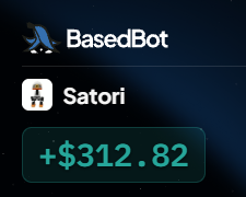 The image shows a list of bots, "BasedBot" and "Satori," with Satori displaying earnings of "+$312.82." The screenshot illustrates the modest payout from using these bots, aligning with the post's tone about Satori being a low-paying grind that earns little more than a couple weeks' worth of X salary rewards.