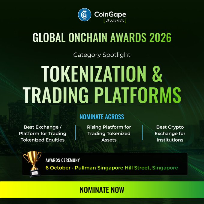 The image is a promotional graphic for the CoinGape Awards "Global Onchain Awards 2026," highlighting the "Tokenization & Trading Platforms" category spotlight. It invites nominations across three subcategories: "Best Exchange/Platform for Trading Tokenized Equities," "Rising Platform for Trading Tokenized Assets," and "Best Crypto Exchange for Institutions." The awards ceremony is scheduled for 6 October at Pullman Singapore Hill Street, Singapore, with a "Nominate Now" call-to-action at the bottom. While the accompanying post focuses on Enterprise Infrastructure & Compliance, the image showcases a different but related category spotlight within the same awards program.