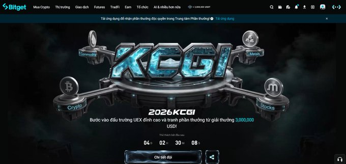 A promotional webpage for Bitget's 'KCGI 2026' crypto trading competition, displaying a countdown timer at 04:02:30:08 and links for Crypto, Metaverse, and Stocks categories.