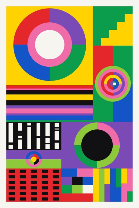 A vibrant, geometric Bauhaus-style poster featuring colorful circles, stripes, grids, and piano keys in bold colors like yellow, red, blue, green, and purple.