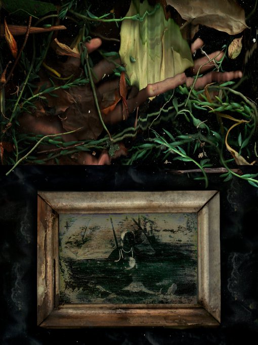 A surreal artistic composition featuring hands reaching through foliage and leaves at the top, with a framed vintage painting of a seascape at the bottom.