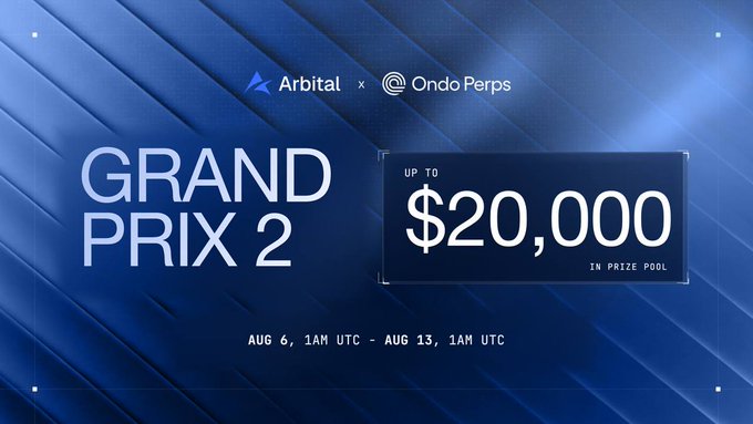 Promotional banner for "Grand Prix 2," a collaboration between Arbital and Ondo Perps featuring a prize pool of up to $20,000, running from August 6 to August 13 (1AM UTC). The post invites users to participate through both platforms to earn rewards from a single campaign.