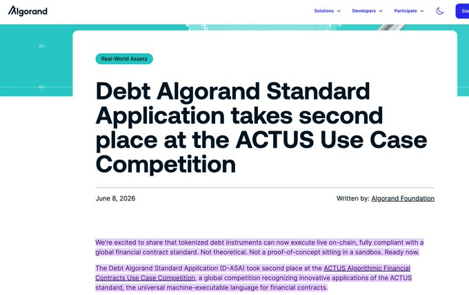 The image shows a screenshot of a webpage that contains information about a competition called " Debt Algo Standard Application takes second place at the ACTUS Use Case Competition". The text on the page indicates that this competition was held on June 6, 2020. The website also mentions that it is hosted by Algorand Foundation and that they have been awarded the post for their compliance with the global financial contract standard, not a patent.