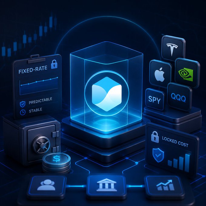 A futuristic digital illustration depicting a secured cryptocurrency/investment vault with labels 'FIXED-RATE', 'PREDICTABLE', 'STABLE', 'LOCKED COST', and icons for Tesla, Apple, Nvidia, SPY, and QQQ.