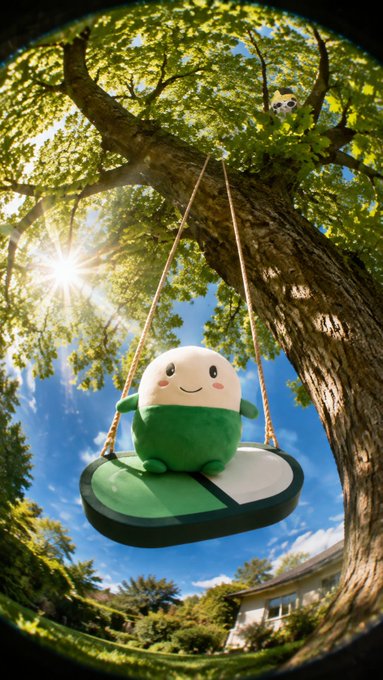 An adorable round green and cream-colored cartoon character happily sitting on a swing hanging from a large tree, with sunlight filtering through the leaves.