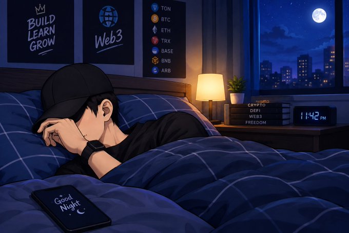 An illustrated scene of a person sleeping in bed at night, with crypto-related posters on the wall listing tokens like TON, BTC, ETH, TRX, BASE, BNB, and ARB.
