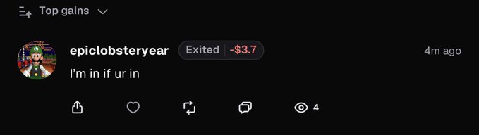 A "Top gains" post by user "epiclobsteryear" shows an exited trade with a $3.7 loss, captioned "I'm in if ur in." The screenshot highlights how memecoin traders blindly follow others into trades, supporting the post's critique that this herding behavior is why Solana memecoins frequently crash to zero.