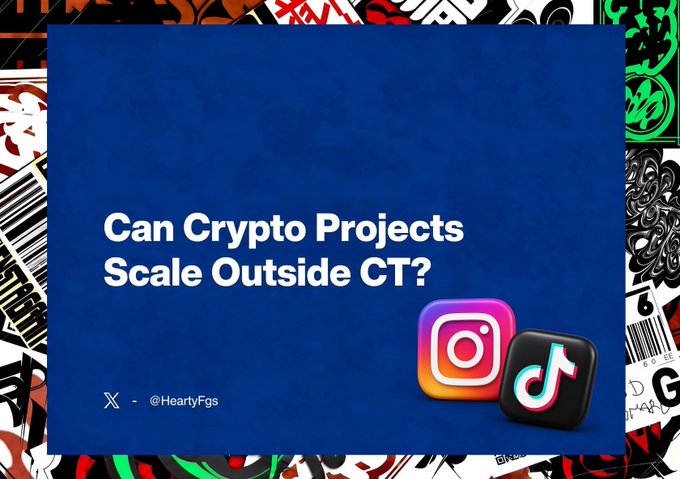 A graphic with text "Can Crypto Projects Scale Outside CT?" by @HeartyFgs on X, featuring Instagram and TikTok logos against a collage background.