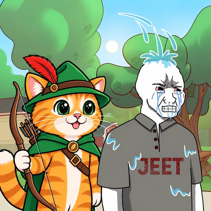 A cheerful orange cat dressed as Robin Hood with a bow and quiver stands beside a white-haired cartoon figure crying water profusely, wearing a gray shirt that reads "JEET" — appearing as an illustration tied to the $catwifhat meme coin account, suggesting a play on "jeet" (crypto slang for those who sell too early) versus loyal holders of the token.