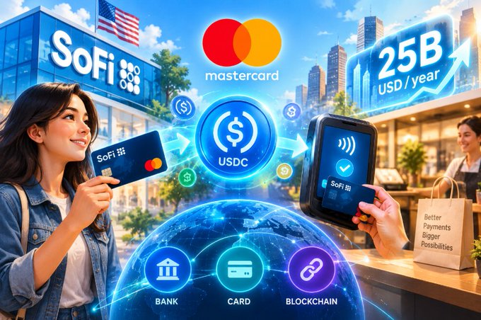 A promotional illustration for SoFi and Mastercard showing a woman using a SoFi Mastercard for a USDC transaction, with text highlighting "25B USD/year" and icons representing Bank, Card, and Blockchain connectivity.
