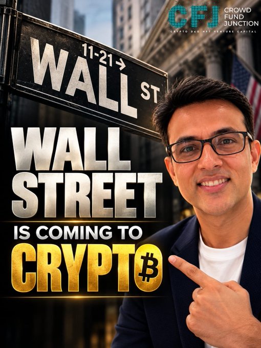 A promotional thumbnail with the text 'WALL STREET IS COMING TO CRYPTO' featuring a smiling man in glasses pointing at the text, with the CFJ (Crowdfund Junction) logo.