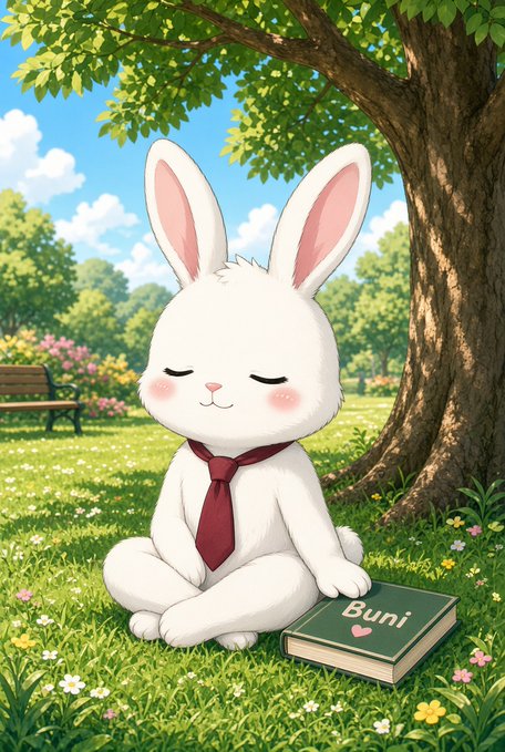 An illustration of a peaceful white bunny wearing a red tie, meditating with closed eyes under a tree next to a book labeled 'Buni' in a sunny grassy park.
