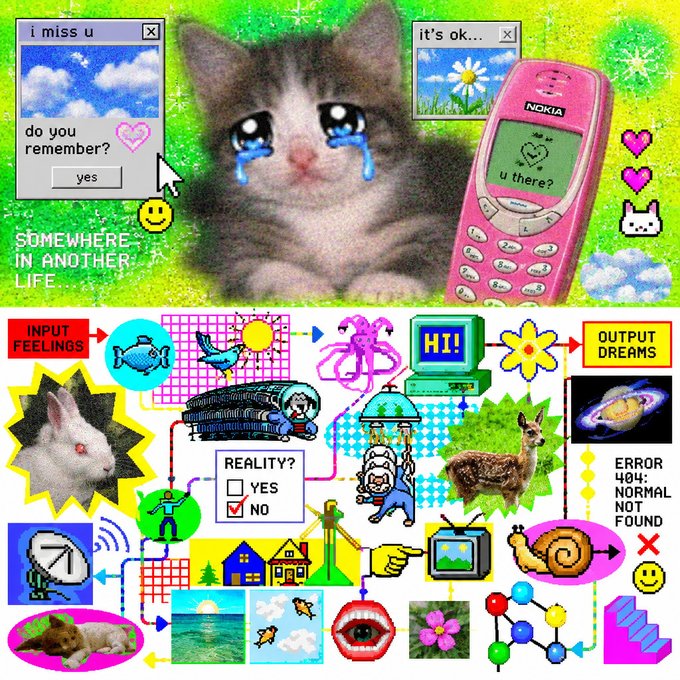 A retro-style digital collage features a crying kitten at the top with 'i miss u' and 'it's ok...' dialogue boxes, alongside a pink Nokia phone displaying 'u there?', and a chaotic bottom flowchart mapping 'INPUT FEELINGS' to 'OUTPUT DREAMS' with various internet-era graphics.