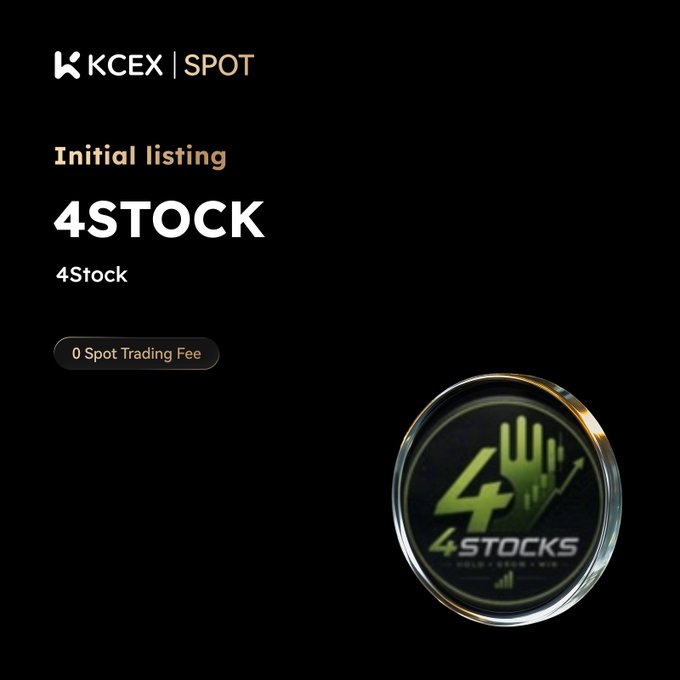 A KCEX Spot initial-listing announcement for 4STOCK (4Stock), highlighting a 0 Spot Trading Fee and showing its green token emblem.