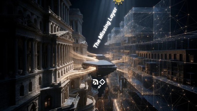 The image depicts a dramatic juxtaposition between classical architecture and a futuristic digital network, with glowing light streams converging at a central platform beneath the text "The Missing Layer" and a small sun icon. A central emblem featuring geometric symbols (including an arrow-like shape) sits at the focal point, symbolizing a bridge between traditional finance and a new onchain financial system—visually reinforcing the post's question about what emerges after tokenization when real-world assets begin operating within a transformative new layer of finance.