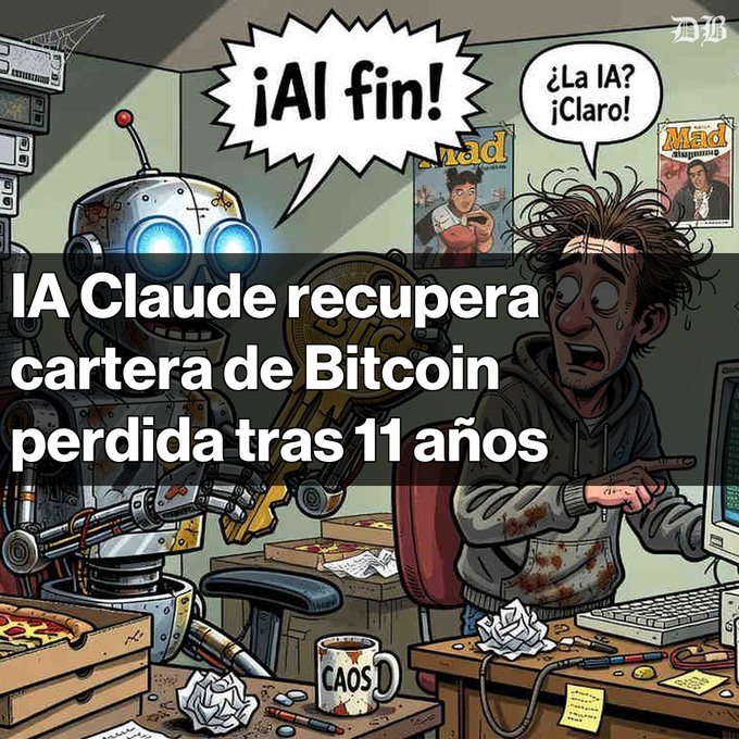 A cartoon-style graphic showing a robot and a panicked human at a computer, with Spanish text reading '¡Al fin!' and '¿La IA? ¡Claro!'. A prominent overlay text reads 'IA Claude recupera cartera de Bitcoin perdida tras 11 años'.
