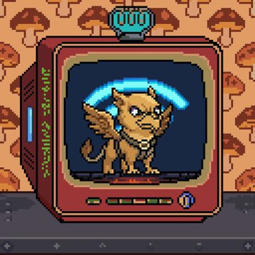 The image features an old-fashioned television set with a cartoon character, possibly a bird or a dragon, sitting on top of it. The character appears to be wearing a harness around its neck. The background behind the television shows a patterned wallpaper with mushrooms scattered across it. In the bottom right corner of the image, there is a post that reads "Just minted these pretty Telepixels on ETH! Grab a few!".