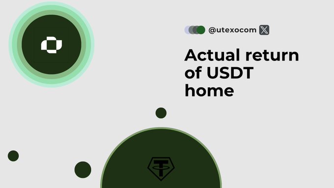 A social media post from '@utexocom' reads 'Actual return of USDT home' alongside a green circular logo design.