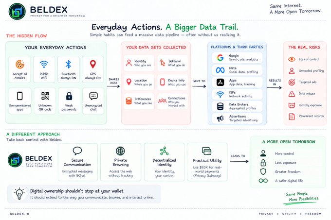 An infographic by BELDEX titled "Everyday Actions. A Bigger Data Trail," illustrating how personal data is collected and shared, contrasting "The Hidden Flow" with "A Different Approach."