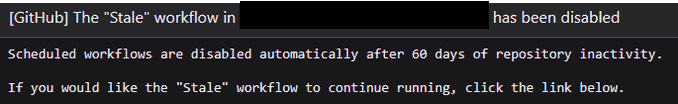 A dark banner notification stating '[GitHub] The "Stale" workflow in [redacted] has been disabled' due to 60 days of repository inactivity.