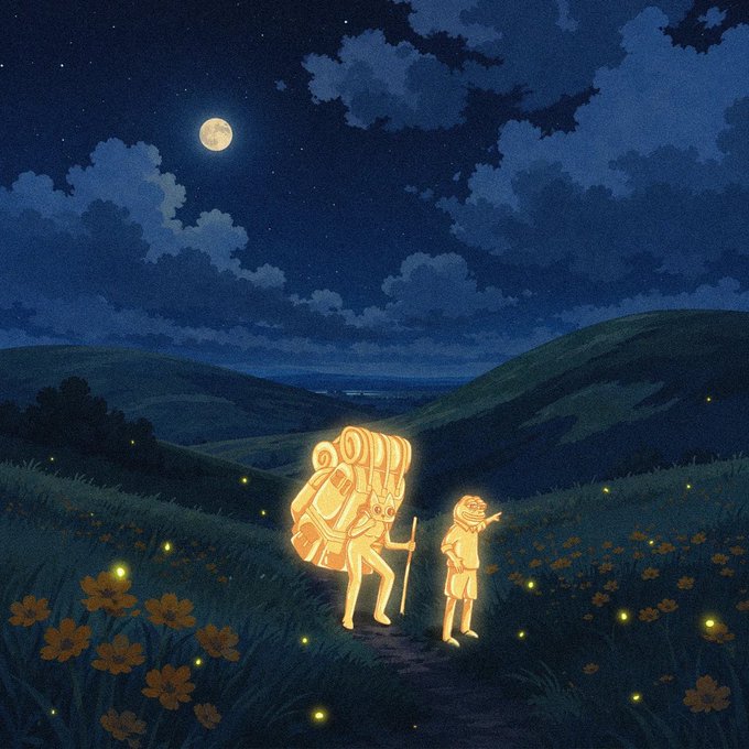 A whimsical illustration of two glowing hikers with large backpacks walking through a grassy field of flowers at night, illuminated by fireflies under a full moon.