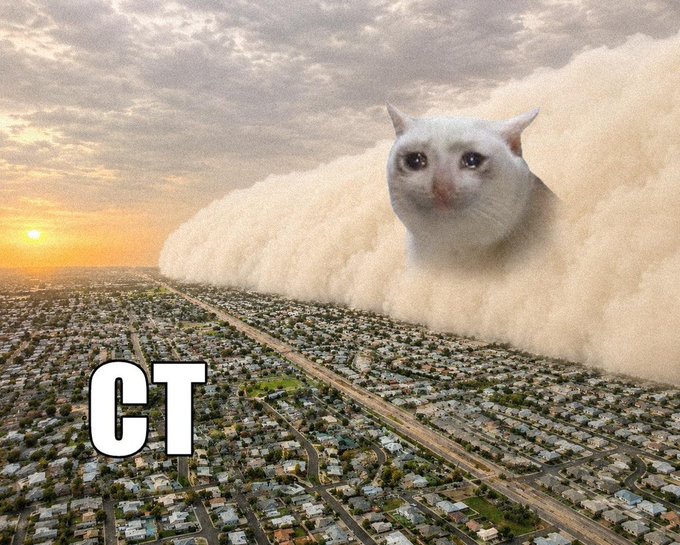 A colossal white cat's head emerges from an enormous dust cloud sweeping over a sprawling suburban cityscape at sunset, with the letters "CT" (likely standing for the $CASHCAT ticker "CT") displayed in the foreground. The image visualizes the post's "cash cat" meme coin thesis, depicting the cat as a massive force poised to descend on the city—mirroring the meme's potential to surge following Coinbase and Robinhood attention, similar to how $TOSHI rallied.