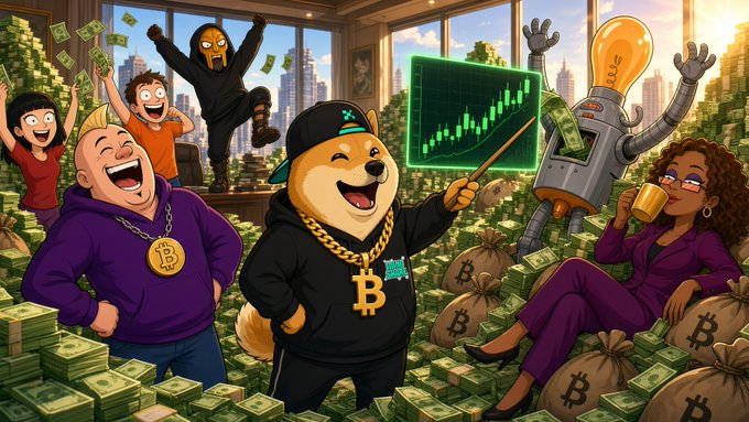 A cartoon dog wearing a Bitcoin medallion and cap points to a green bullish candlestick chart, surrounded by stacks of cash, a giant money-printing robot, a ninja, and cheering characters. The Bitcoin "₿" symbols and money imagery directly mirror the post's reference to an "Infinite Money Glitch" and bullish streak, visualizing the crypto trading hype with playful cartoonish exaggeration.