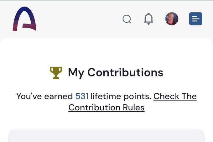 A webpage screenshot shows the Atavela logo and a 'My Contributions' section displaying 'You've earned 531 lifetime points. Check The Contribution Rules' alongside a trophy icon.
