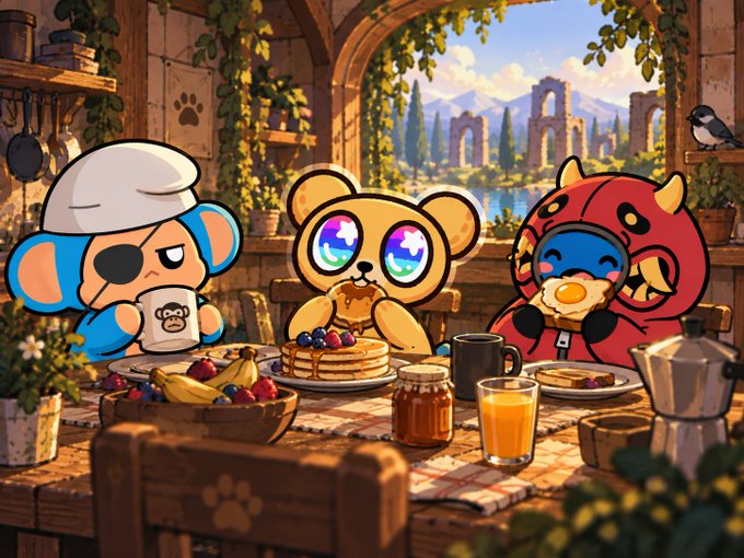 A digital illustration showing three cartoon characters—a blue monkey, a bear, and a red-hooded figure—enjoying a breakfast of pancakes and coffee in a rustic kitchen with a scenic window view.