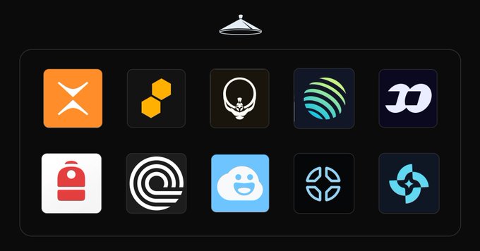 The image shows a grid of 10 app icons displayed on what appears to be a smart TV or device interface, including recognizable brands like X (formerly Twitter), The Onion's circular logo, and other tech/finance apps. At the top, a hanger icon suggests a curated app selection or "featured" shelf, visually reinforcing the post's message that Solana serves as a central hub or marketplace for trading diverse onchain assets like stocks, RWAs, and privacy coins.