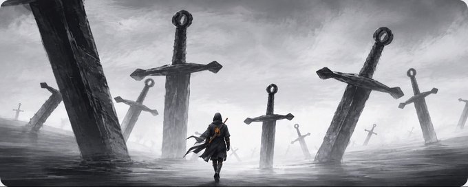 A dark fantasy digital illustration shows a cloaked figure carrying a sword, standing in a misty, desolate landscape filled with massive swords thrust into the ground like crosses.
