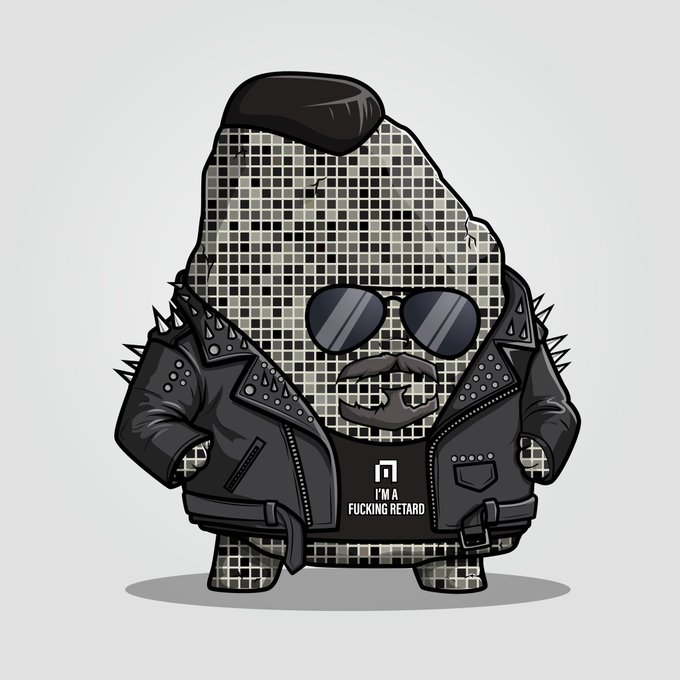 A cartoon illustration of a character with a mosaic-style body, slicked-back hair, sunglasses, mustache, and a spiked leather jacket, wearing a shirt that reads 'I'M A FUCKING RETARD'.