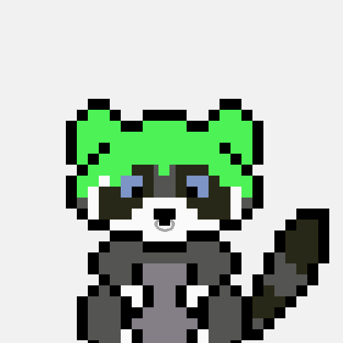 A pixel art illustration of a raccoon with a green mask and dark fur.