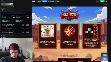 A streamer with headphones plays the 'Old Gun' online slot game, shown on the main screen.